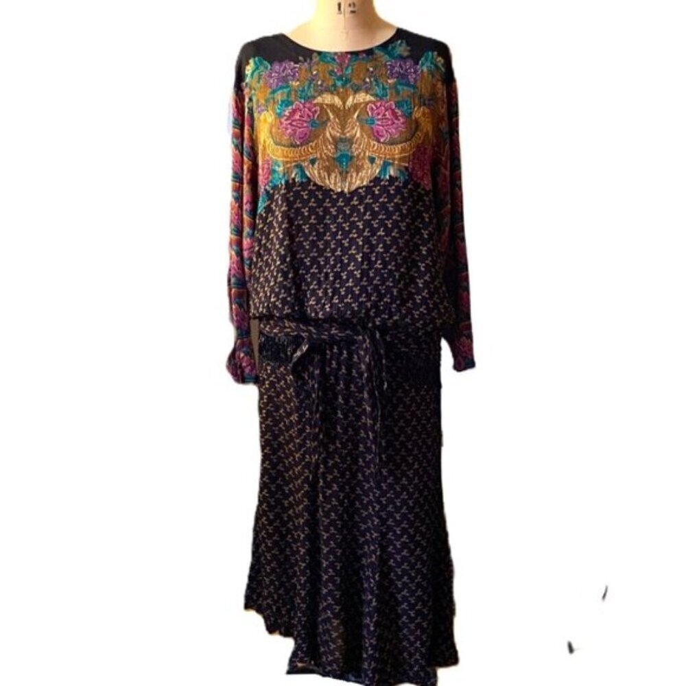 Vintage Carole Little boho granny romantic bold colors belted 90s dress - Picture 4 of 15